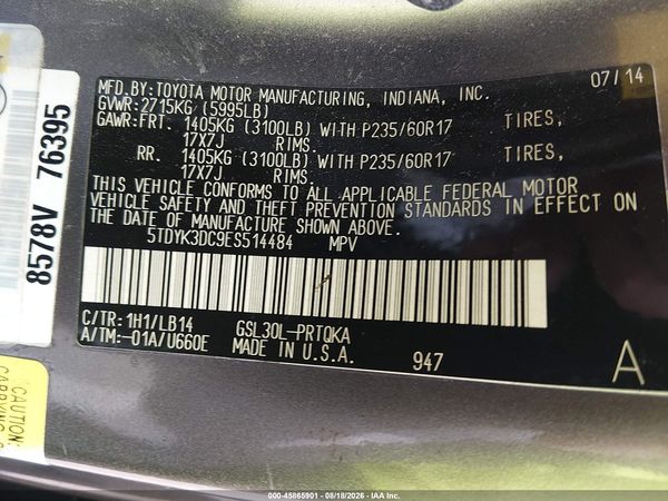 2014 TOYOTA SIENNA XLE V6 8 PASSENGER