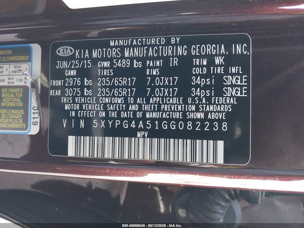 2016 KIA SORENTO 3.3L LX