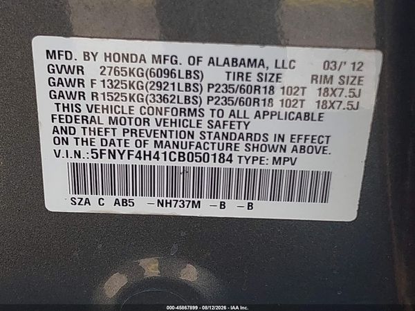 2012 HONDA PILOT EX