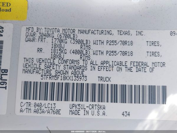 2019 TOYOTA TUNDRA SR 4.6L V8