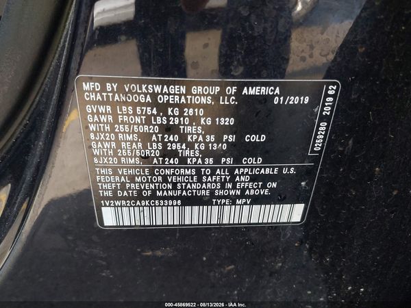 2019 VOLKSWAGEN ATLAS 3.6L V6 SE W/TECHNOLOGY — I9