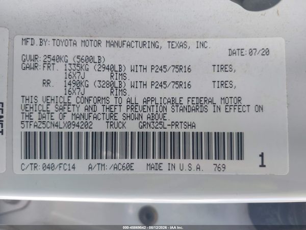 2020 TOYOTA TACOMA SR5 V6