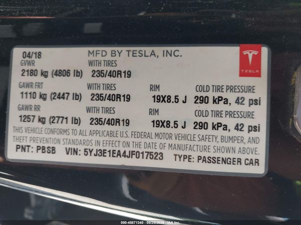 2018 TESLA MODEL 3 LONG RANGE/MID RANGE