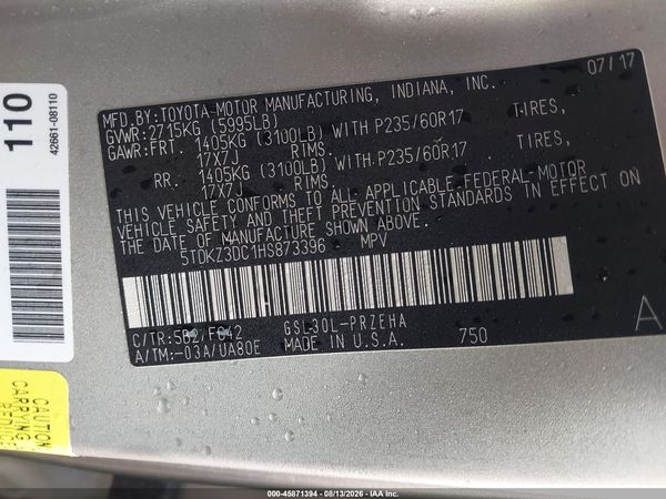 2017 TOYOTA SIENNA LE 8 PASSENGER — I9