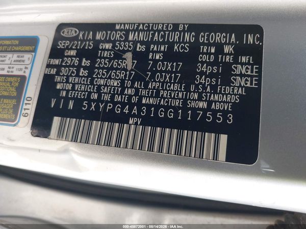 2016 KIA SORENTO 2.4L LX