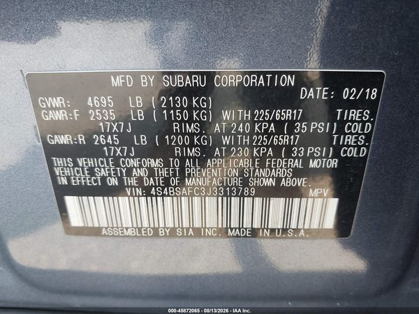2018 SUBARU OUTBACK 2.5I PREMIUM — I9