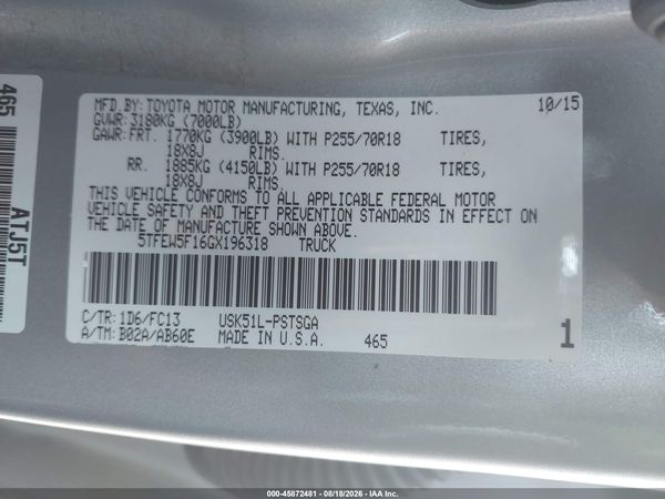 2016 TOYOTA TUNDRA SR5 5.7L V8