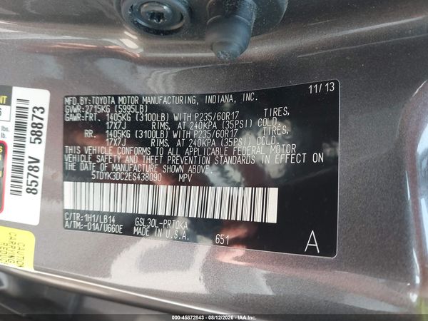 2014 TOYOTA SIENNA XLE V6 8 PASSENGER