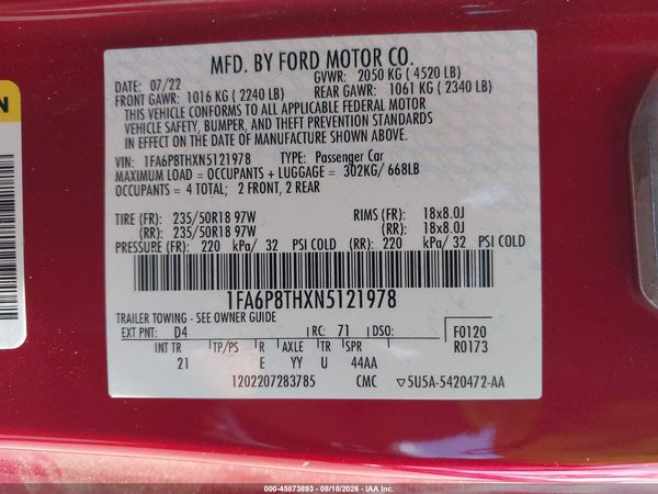 2022 FORD MUSTANG ECOBOOST FASTBACK