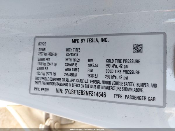 2022 TESLA MODEL 3