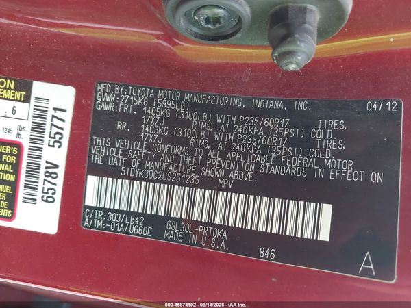 2012 TOYOTA SIENNA XLE V6 8 PASSENGER