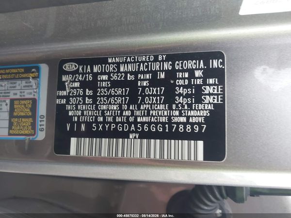 2016 KIA SORENTO 3.3L LX