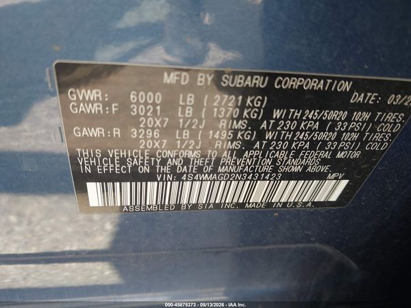 2022 SUBARU ASCENT ONYX EDITION — I9