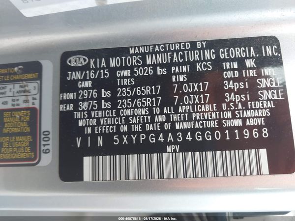 2016 KIA SORENTO 2.4L LX