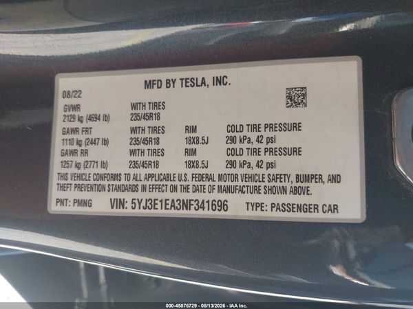 2022 TESLA MODEL 3 REAR-WHEEL DRIVE