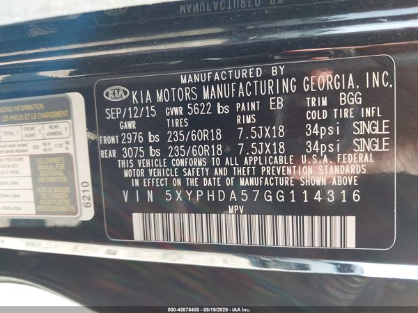 2016 KIA SORENTO 3.3L EX