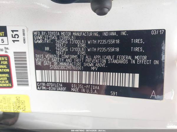2017 TOYOTA SIENNA XLE 7 PASSENGER