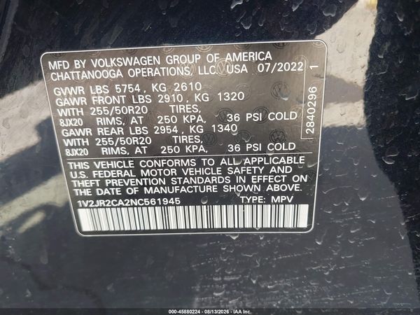 2022 VOLKSWAGEN ATLAS 3.6L V6 SE W/TECHNOLOGY — I9