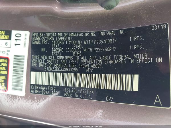2018 TOYOTA SIENNA LE 8 PASSENGER