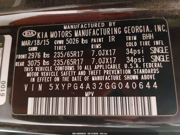 2016 KIA SORENTO 2.4L LX