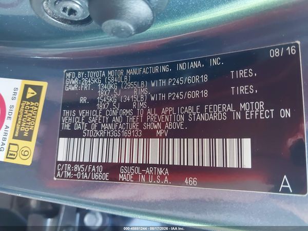 2016 TOYOTA HIGHLANDER LE PLUS V6