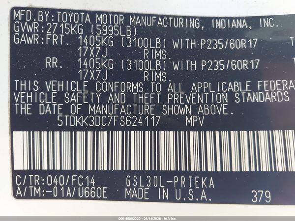 2015 TOYOTA SIENNA LE 8 PASSENGER