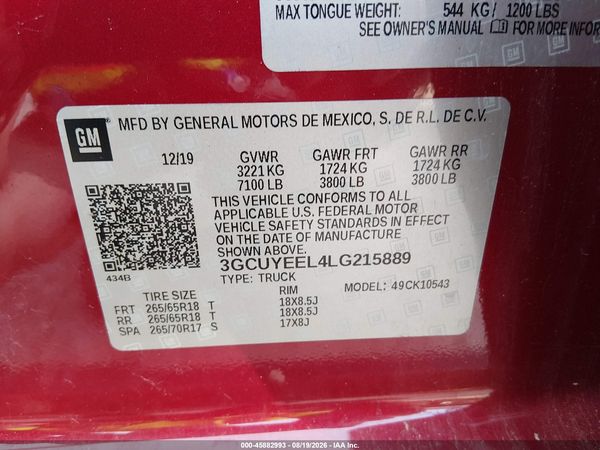 2020 CHEVROLET SILVERADO 1500 4WD  SHORT BED RST — I9