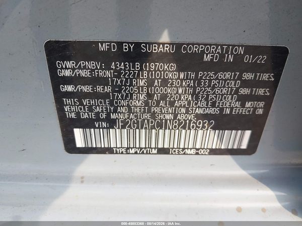 2022 SUBARU CROSSTREK PREMIUM — I9