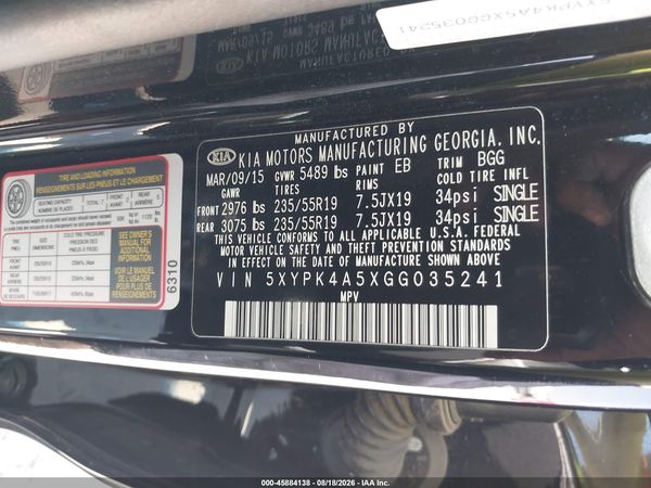 2016 KIA SORENTO 3.3L SX