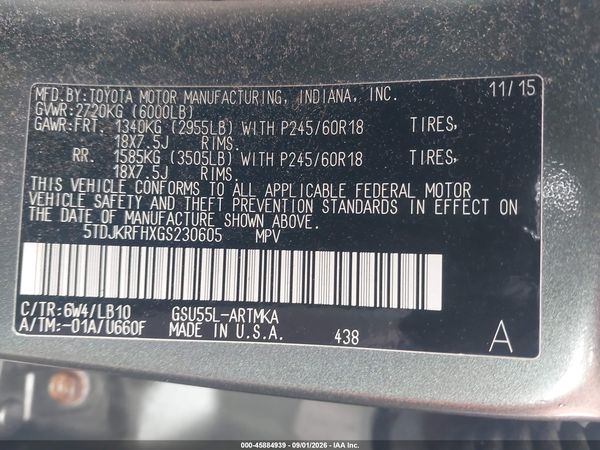 2016 TOYOTA HIGHLANDER XLE V6 — I9