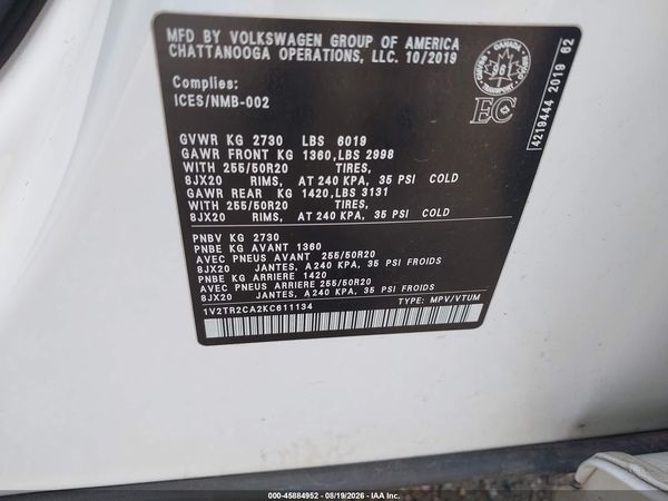 2019 VOLKSWAGEN ATLAS 3.6L V6 SEL PREMIUM — I9