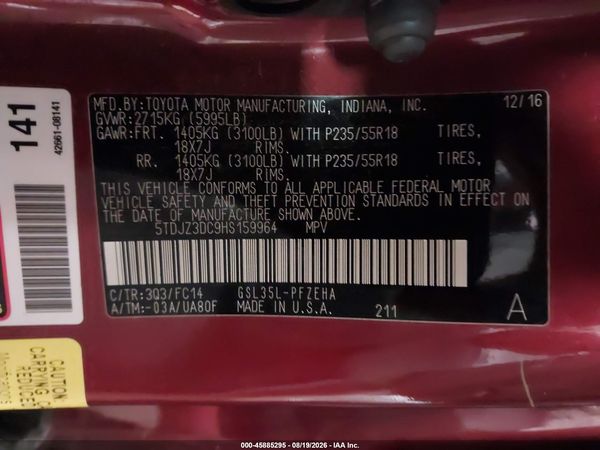 2017 TOYOTA SIENNA LE 7 PASSENGER — I9