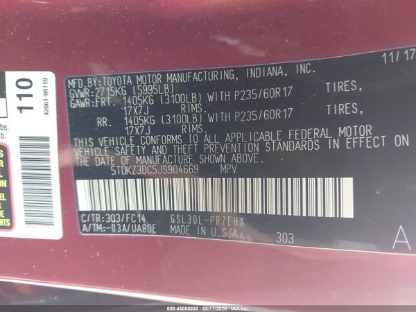 2018 TOYOTA SIENNA LE 8 PASSENGER — I9