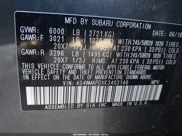 2019 SUBARU ASCENT LIMITED