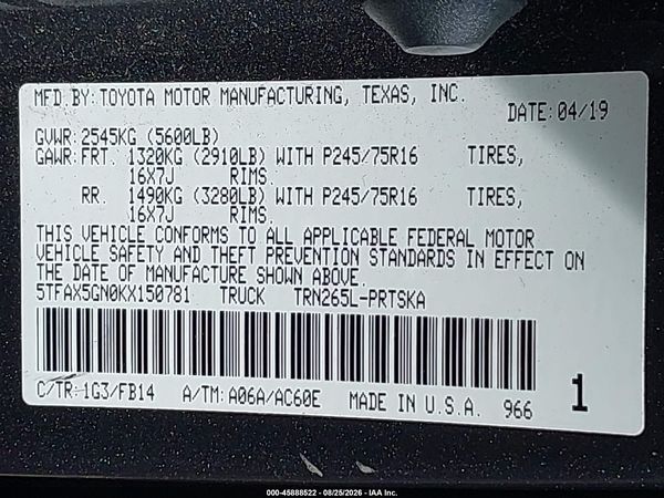 2019 TOYOTA TACOMA SR