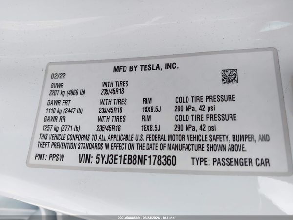 2022 TESLA MODEL 3
