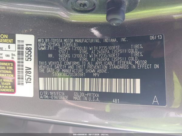 2013 TOYOTA SIENNA LE V6 8 PASSENGER