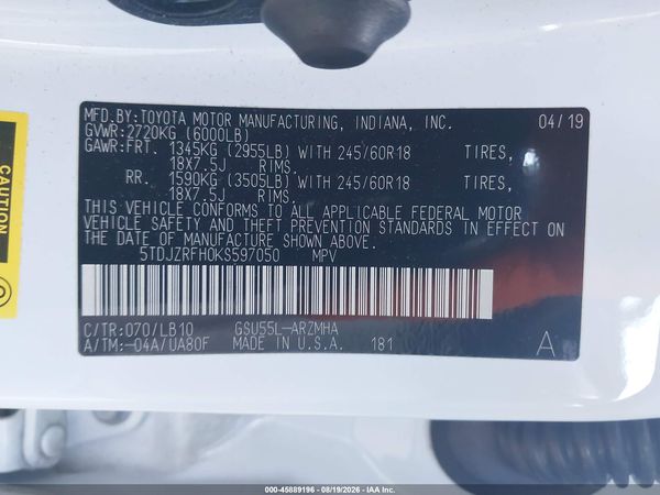 2019 TOYOTA HIGHLANDER XLE