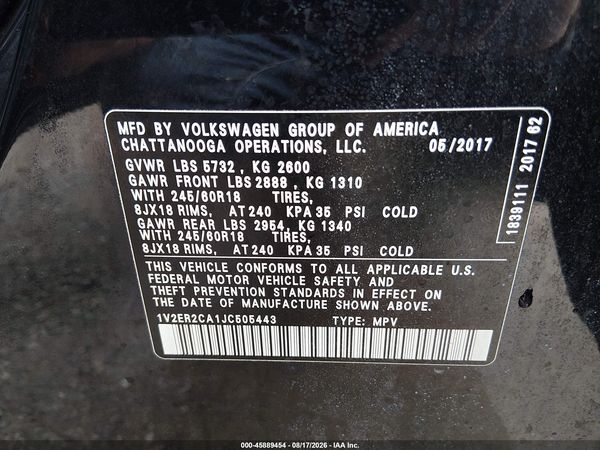 2018 VOLKSWAGEN ATLAS 3.6L V6 SEL — I9