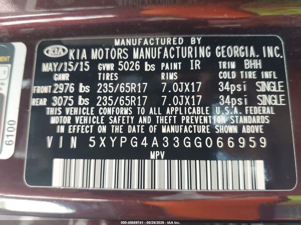2016 KIA SORENTO 2.4L LX — I9