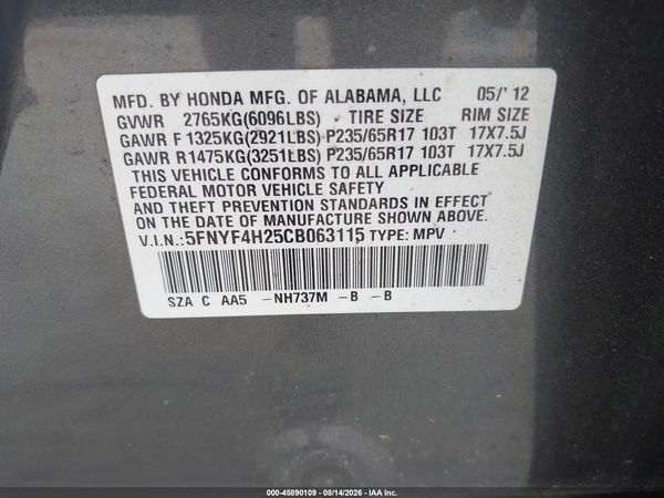 2012 HONDA PILOT LX