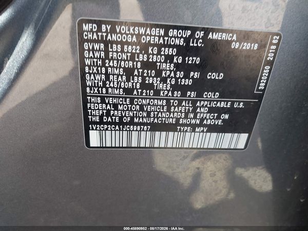 2018 VOLKSWAGEN ATLAS 2.0T SE — I9