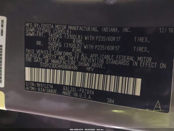 2017 TOYOTA SIENNA XLE 8 PASSENGER