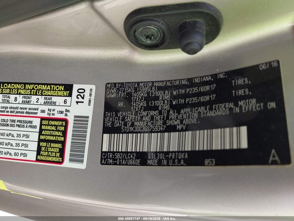 2016 TOYOTA SIENNA XLE PREMIUM 8 PASSENGER