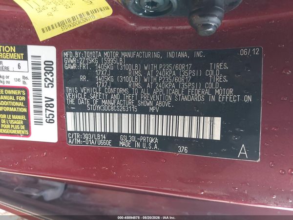 2012 TOYOTA SIENNA XLE V6 8 PASSENGER — I9