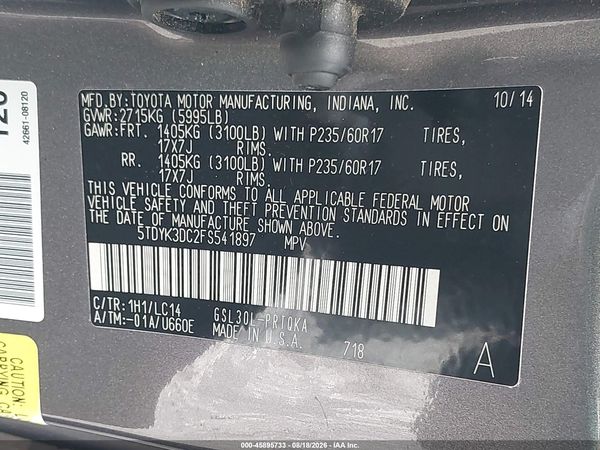 2015 TOYOTA SIENNA XLE 8 PASSENGER
