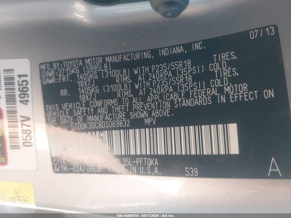 2013 TOYOTA SIENNA XLE 7 PASSENGER