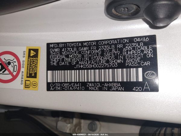 2016 LEXUS CT 200H