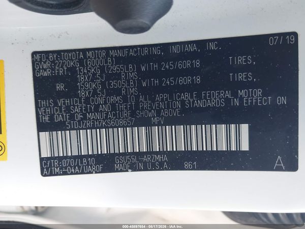 2019 TOYOTA HIGHLANDER XLE — I9