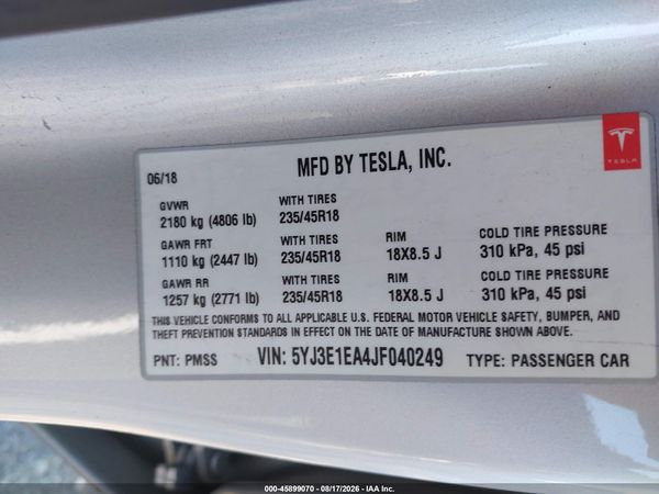 2018 TESLA MODEL 3 LONG RANGE/MID RANGE